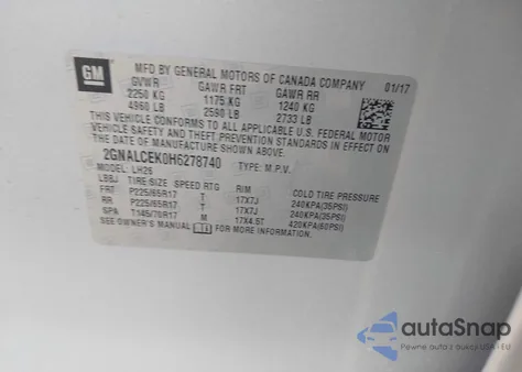 2017 Chevrolet Equinox Lt z USA, uszkodzony, nr VIN 2GNALCEK0H6278740